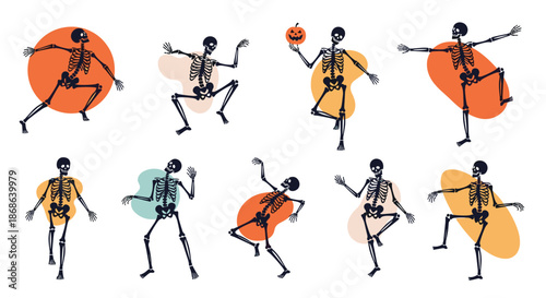 Human skeleton characters dancing and performing yoga poses in a playful halloween theme with abstract colorful shapes background.