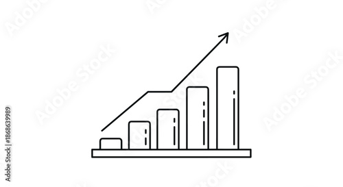 Simple line icon of a vertical bar chart with a rising arrow representing business success financial growth and positive progress.