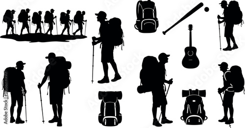 Hiking Silhouette Set with Backpackers Trekking Outdoors Mountain Adventure Travel Gear Icons and People Walking with Walking Sticks Vector Illustration