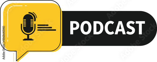 Stylish podcast banner featuring a vintage microphone icon in a yellow speech bubble