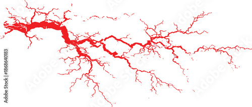 A vibrant red branching pattern resembling a lightning strike or a blood vessel network. Striking red branching pattern resembling a lightning bolt or a complex circulatory system. 