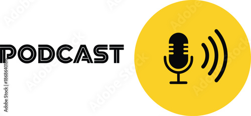 Podcast production and audio broadcasting symbol with microphone and sound waves