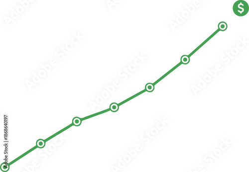 A clean green line graph with circular data points trending steadily upward toward a dollar symbol, representing consistent financial growth, long-term investment, and wealth building.