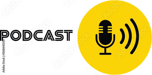 Modern podcasting icon with a black microphone in a vibrant yellow circle for audio broadcast