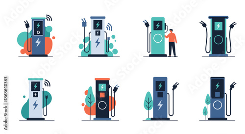 Collection of electric vehicle charging station scenes with people trees and abstract shapes promoting green energy transport.