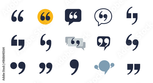 Grid of various quotation mark symbols and speech bubbles used for testimonials quotes and text highlights in graphic design.