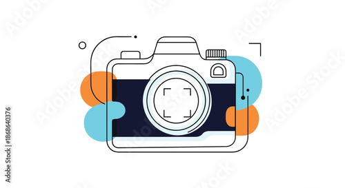 Stylized camera icon with abstract colorful shapes in the background representing photography creative art and digital imaging.