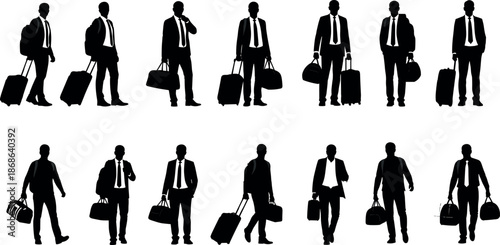 Professional Business Man Silhouette Collection Set Carrying Suitcases and Travel Bags for Corporate Trip Commuter and Executive Airport Travel Illustration