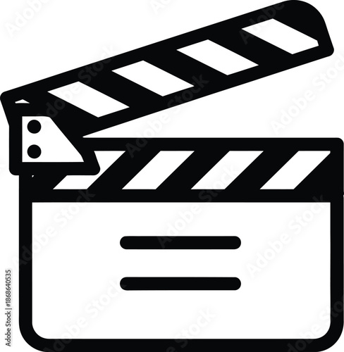 Simple black and white outline of a clapperboard for film and video production