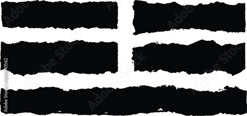 Torn black paper strips with rough isolated on transparent background. Dynamic collection of torn paper strips black.