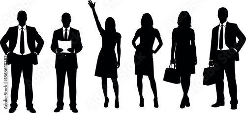 Professional business team silhouettes standing in diverse poses including leaders in suits, confident female executives, and colleagues holding documents or bags.