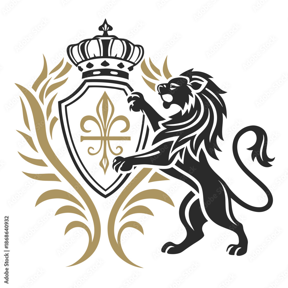 Fototapeta premium Heraldic Lion Shield with Imperial Crown and Laurel Wreath Vector Icon for Brand Identity