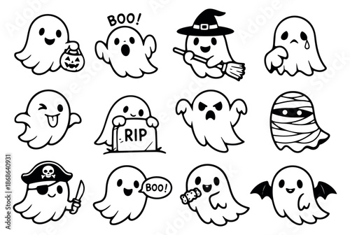 Hand drawn line art cute ghosts set featuring funny expressions and halloween costumes for spooky celebrations