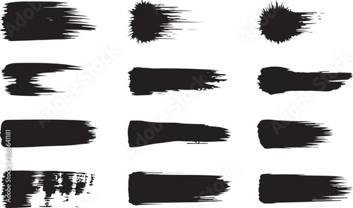 Ink splatter set, paint brush stroke kit, vector black grunge stain, graffiti texture liquid splash. Abstract dirty blob, messy shape drawing collection isolated on white. Ink splatter print element