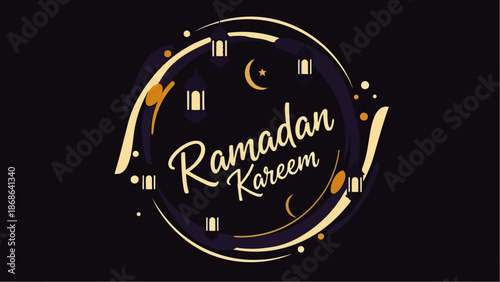 Modern flat vector illustration with a Ramadan theme on a deep dark background inspired by the night sky. Ideal for Ramadan greeting cards, posters, social media, and promotions.