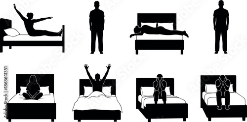 Set of Silhouettes Depicting Morning Wake Up Routine Insomnia Mental Health Problems Stretching Sleeping Restless Night and Daily Lifestyle Habits