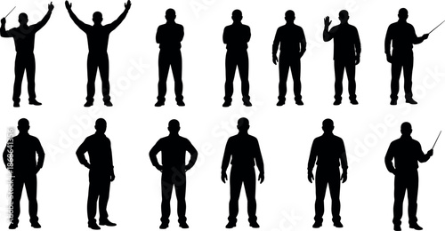 Set of professional male teacher and businessman silhouettes in various standing poses, presentation gestures, and confident leadership positions for creative designs