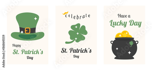 St. Patrick’s Day greeting card illustration set with leprechaun hat, shamrock clover, and pot of gold. Irish holiday celebration, lucky symbols, festive typography design. Flat vector illustration