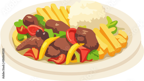 A colorful flat illustration depicts a hearty plate of sliced grilled meat with vegetables, fries, and a creamy side, presented as a complete savory meal.