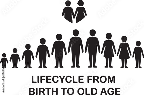 Life cycle and aging process. Vector icon set, person growing up from baby to old age