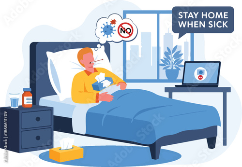 Sick person in bed with thermometer tissues medicine and a laptop nearby