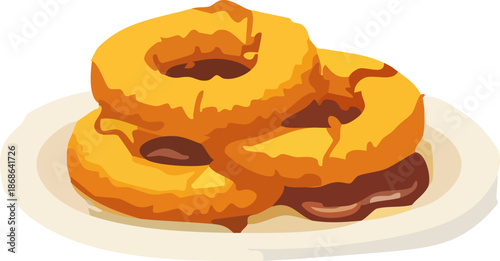A flat vector illustration depicts three golden-brown ring donuts stacked on a plate, coated with glossy icing and chocolate glaze dripping between layers.