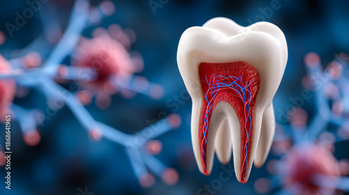 Tooth structure and its inner components. A detailed view of a tooth showing the inner structure, nerves, and blood vessels, illustrating dental anatomy in focus.