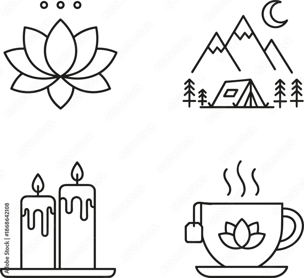 Fototapeta premium Minimalist wellness line icon set featuring lotus flower camping mountains landscape candles and hot tea cup for relaxation designs.