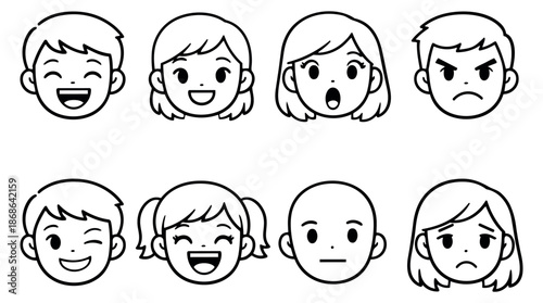 Clean line art character head icons set featuring happy, sad, angry, surprised, and neutral expressions for communication concepts