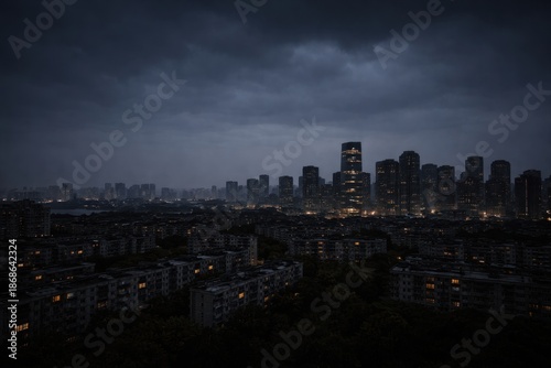 A panoramic view of a modern metropolis on a rainy night. Dark silhouettes of residential buildings and illuminated office skyscrapers under thick storm clouds. An atmospheric cityscape in blue and gr