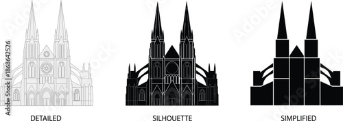 PrintCathedral building illustration detailed silhouette simplified, architecture landmark vector graphic, religious structure design outline icon, cultural heritage sketch art set