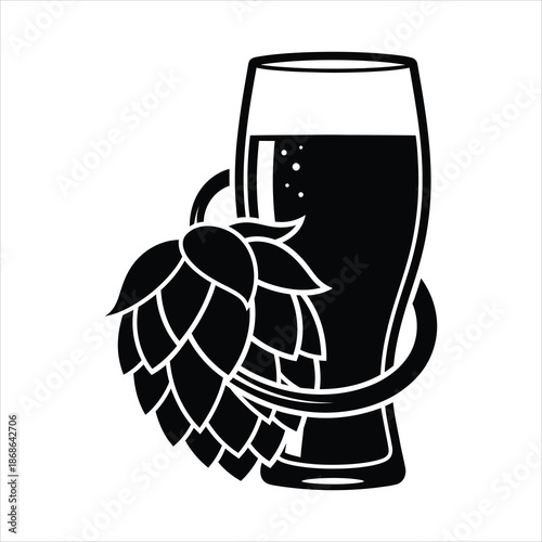 Beer glass and hops cone negative space silhouette representing craft brewing and natural ingredient branding in black and white