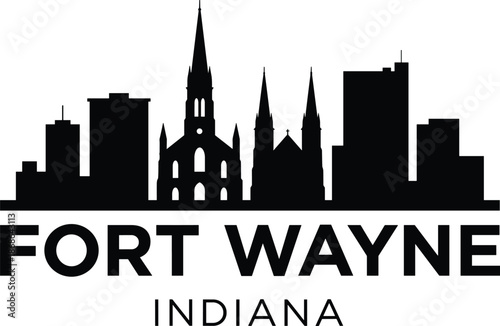 PrintFort Wayne Indiana city skyline silhouette, urban architecture vector illustration, landmark building outline icon, metropolitan design sketch art, travel destination graphic set