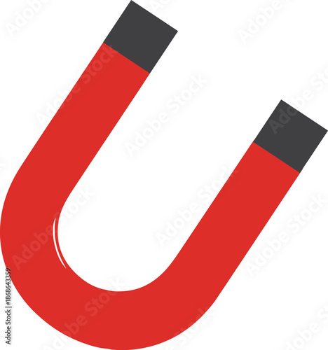 A vibrant red horseshoe magnet with dark grey tips, shown at a slight angle. This clean vector illustration represents the core concept of attraction, magnetic force, and physical power.