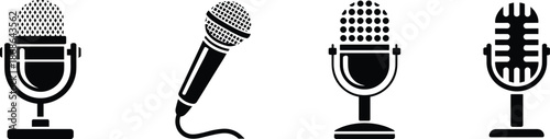 PrintSet of black microphone icons including vintage studio mic dynamic handheld and professional podcast equipment symbols for audio recording broadcast music