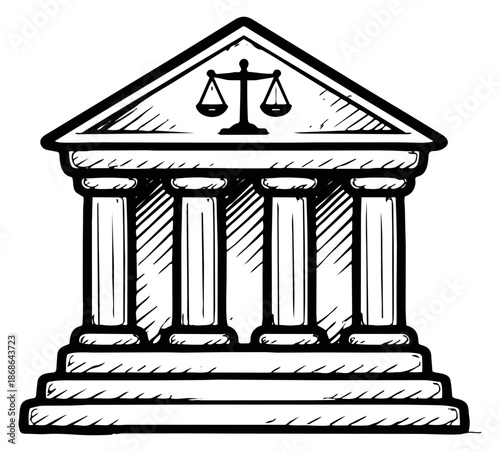 Hand drawn line art illustration of a courthouse depicting scales of justice for legal concepts