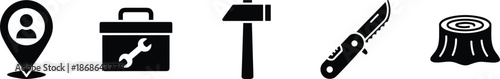 Survival and utility tool icon set featuring location pin toolbox with wrench hammer folding pocket knife and tree stump