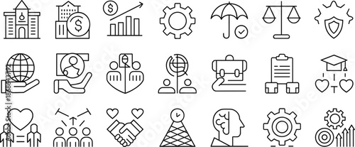 PrintSet of thin line business icons, corporate ethics symbols, professional management graphics, legal justice signs, social responsibility icons for web design.