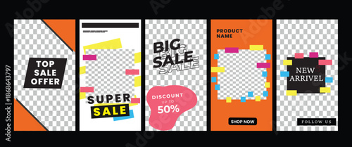 Trendy vibrant social media story templates set for big sale promotions and new arrivals. Abstract geometric design for exciting digital marketing campaigns.