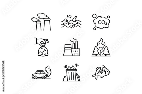 Environmental pollution icons including factories, waste, and carbon dioxide emissions factory smokestack smoke