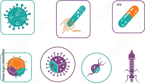 Six distinct stylized icons representing various viruses and medicine