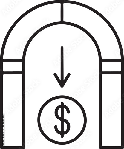 A minimalist line art vector featuring a horseshoe magnet attracting a dollar coin, representing financial magnetism, lead generation, and wealth accumulation.