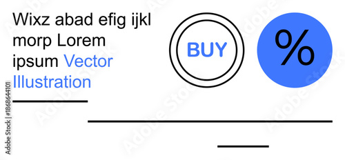 Online shopping, e-commerce marketing, discount offers, digital promotion, retail sales, price calculation. Circular buy button and percentage symbol in a modern design. Online shopping and discount