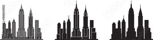 PrintNew York City Skyline Vector Icon Set, Black Silhouette of Manhattan Buildings Featuring Empire State and Chrysler Building, Urban Cityscape Design.