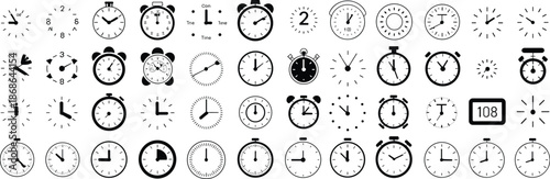 PrintVector set of clock icons, alarm watch symbols, stopwatch silhouettes, time management signs, analog timer elements for schedule and deadline design,