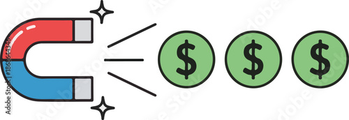A flat vector illustration of a red and blue horseshoe magnet attracting three green dollar coins, symbolizing wealth attraction and financial success.