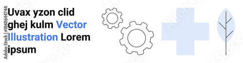 Healthcare innovation, technology systems, environmental care, medical services, sustainability, collaboration. Gears, cross symbol and a leaf. Healthcare innovation and technology systems theme