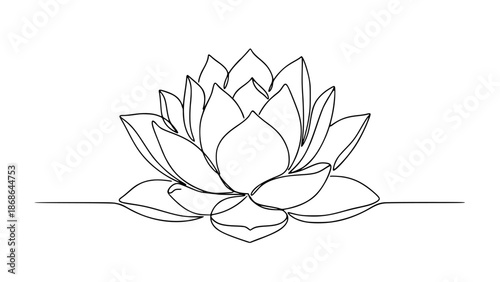 Minimalist continuous line art drawing illustrating a beautiful stylized lotus flower blossom design, perfect for meditation and spiritual wall decor concepts.