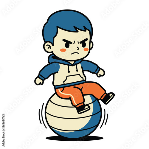 Expressive cartoon boy angrily bouncing on a striped exercise ball illustration