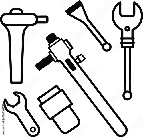  Plumbing tools collection with pipe wrench line art illustration